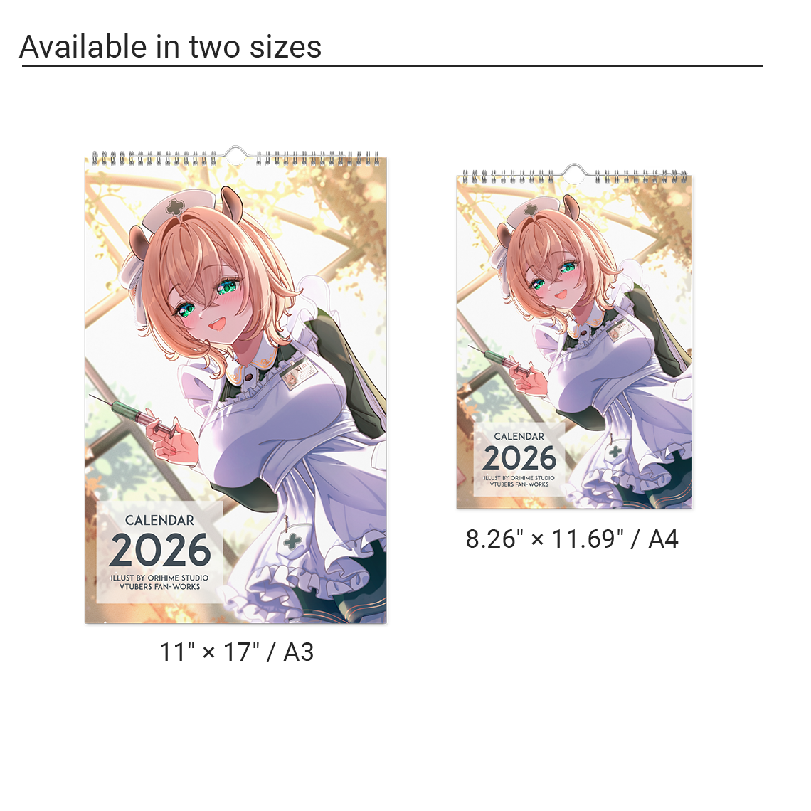 High-quality waifu VTuber wall and desktop calendars featuring 12 vibrant poster-style art prints inspired by Hololive, Sameko Saba, Nimi Nightmare, and Mint Fantome; perfect anime merch for VTuber fans and collectors illustrated by Orihime Studio