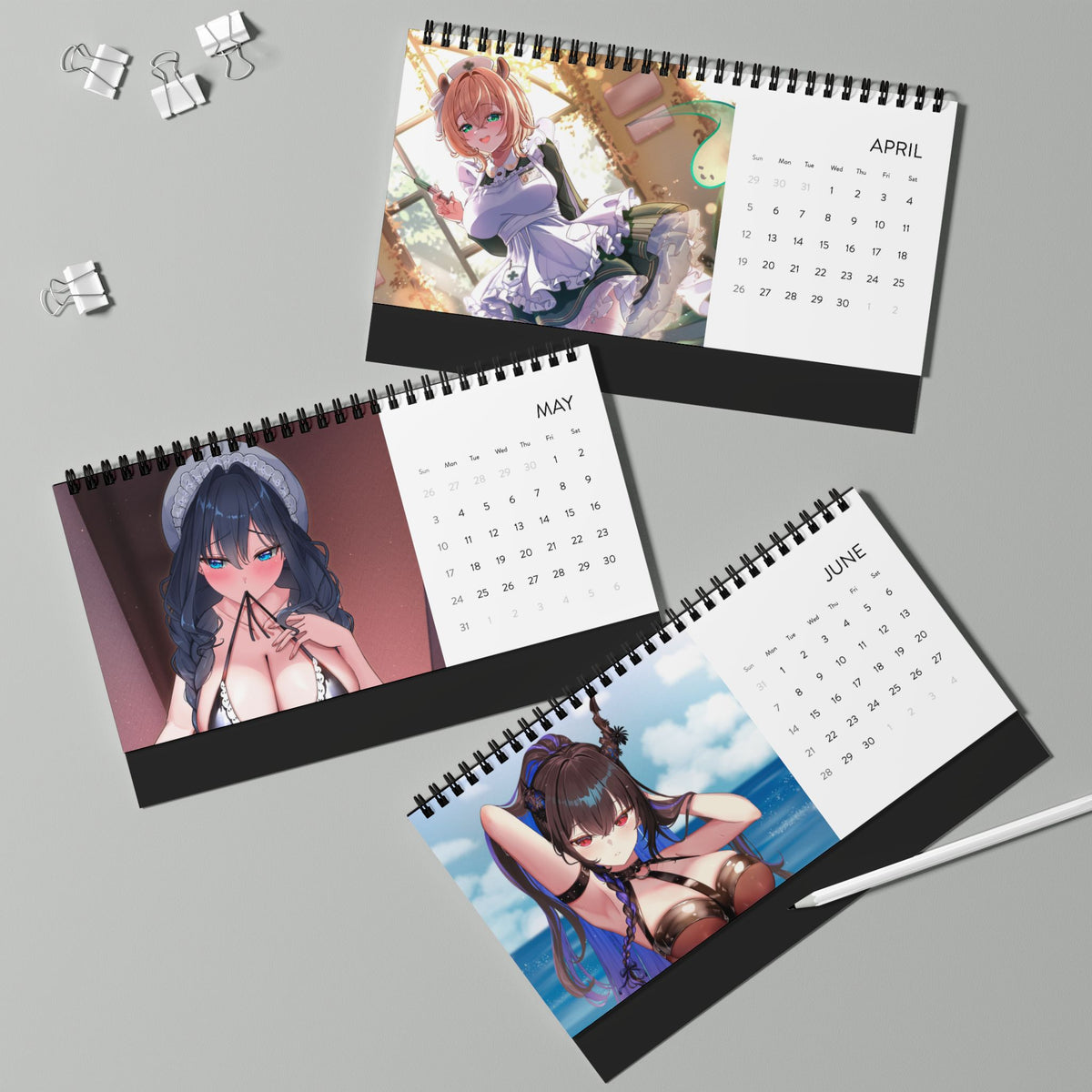 High-quality waifu VTuber wall and desktop calendars featuring 12 vibrant poster-style art prints inspired by Hololive, Sameko Saba, Nimi Nightmare, and Mint Fantome; perfect anime merch for VTuber fans and collectors lllustrated by Orihime Studio