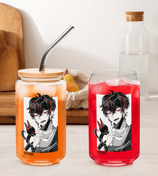 K9 Kuro Glass Tumbler With Straw And Lid Vtuber Cup Beer Can Iced Coffee Glass Kuro Kurenai Cup VShojo Glass Vtuber Cup