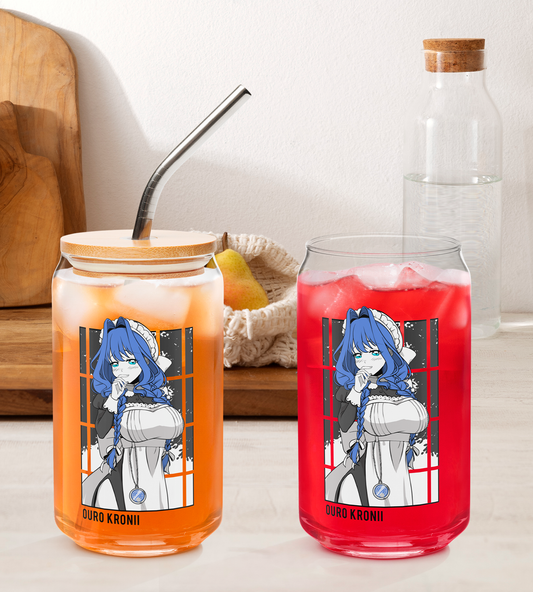 Ouro Kronii Maid Glass Tumbler With Straw And Lid Vtuber Waifu Cup Beer Can Iced Coffee Glass Ouro Kronii Maid Cup Hololive Glass Waifu Cup