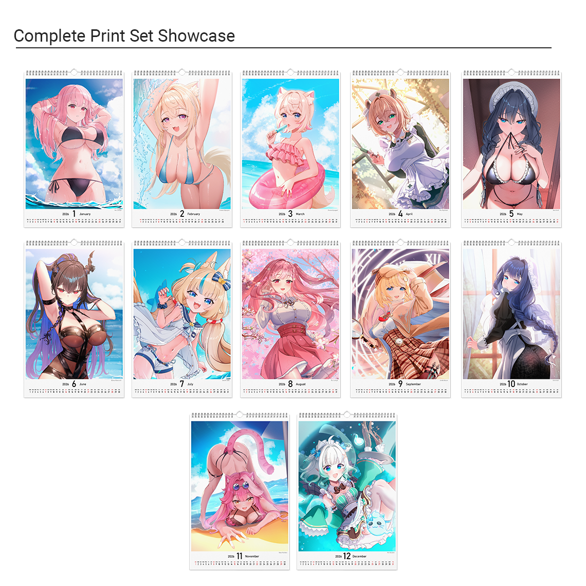 High-quality waifu VTuber wall and desktop calendars featuring 12 vibrant poster-style art prints inspired by Hololive, Sameko Saba, Nimi Nightmare, and Mint Fantome; perfect anime merch for VTuber fans and collectors illustrated by Orihime Studio