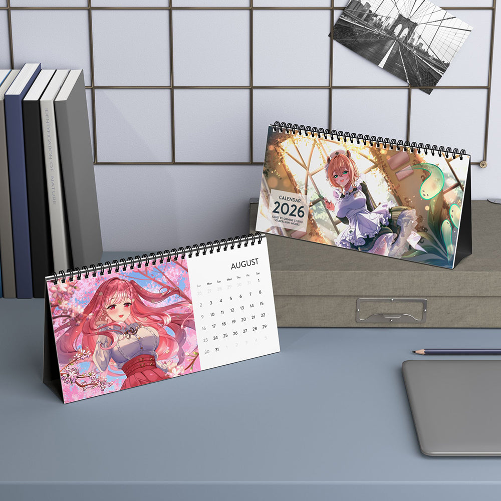 High-quality waifu VTuber wall and desktop calendars featuring 12 vibrant poster-style art prints inspired by Hololive, Sameko Saba, Nimi Nightmare, and Mint Fantome; perfect anime merch for VTuber fans and collectors lllustrated by Orihime Studio