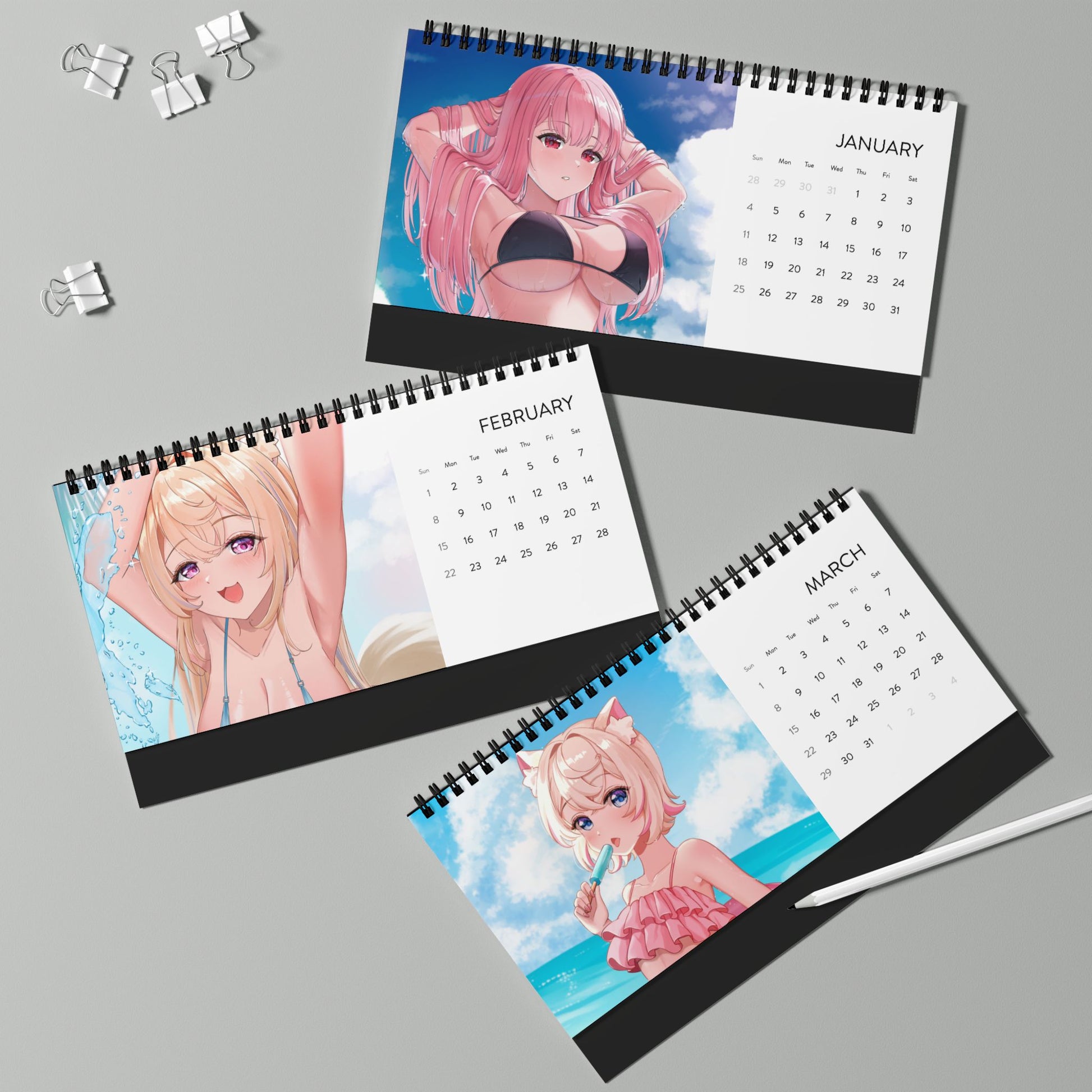 High-quality waifu VTuber wall and desktop calendars featuring 12 vibrant poster-style art prints inspired by Hololive, Sameko Saba, Nimi Nightmare, and Mint Fantome; perfect anime merch for VTuber fans and collectors lllustrated by Orihime Studio