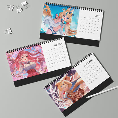 High-quality waifu VTuber wall and desktop calendars featuring 12 vibrant poster-style art prints inspired by Hololive, Sameko Saba, Nimi Nightmare, and Mint Fantome; perfect anime merch for VTuber fans and collectors lllustrated by Orihime Studio