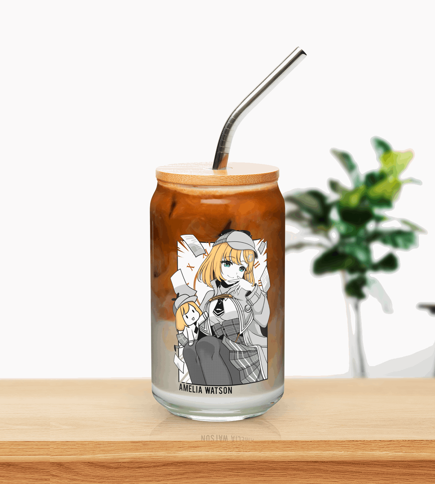 Amelia Watson Glass Tumbler With Straw And Lid Vtuber Waifu Cup Beer Can Iced Coffee Glass Amelia Watson Cup Hololive Glass Waifu Cup