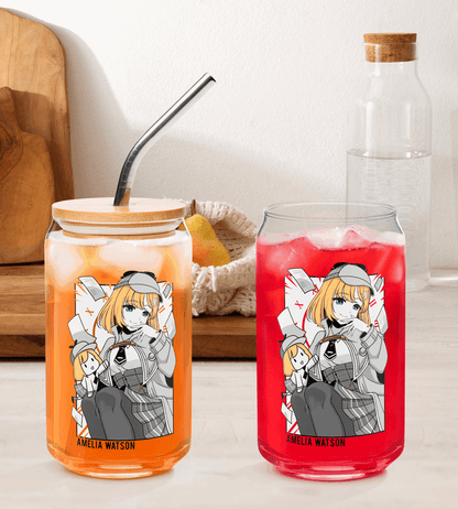 Amelia Watson Glass Tumbler With Straw And Lid Vtuber Waifu Cup Beer Can Iced Coffee Glass Amelia Watson Cup Hololive Glass Waifu Cup