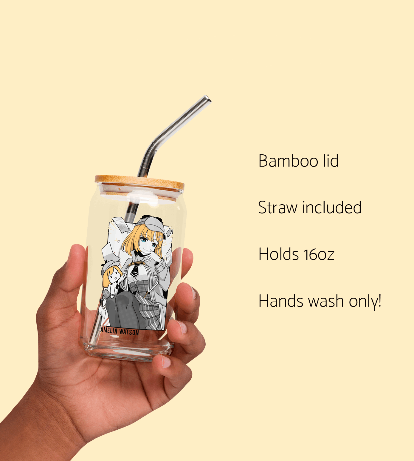 Amelia Watson Glass Tumbler With Straw And Lid Vtuber Waifu Cup Beer Can Iced Coffee Glass Amelia Watson Cup Hololive Glass Waifu Cup