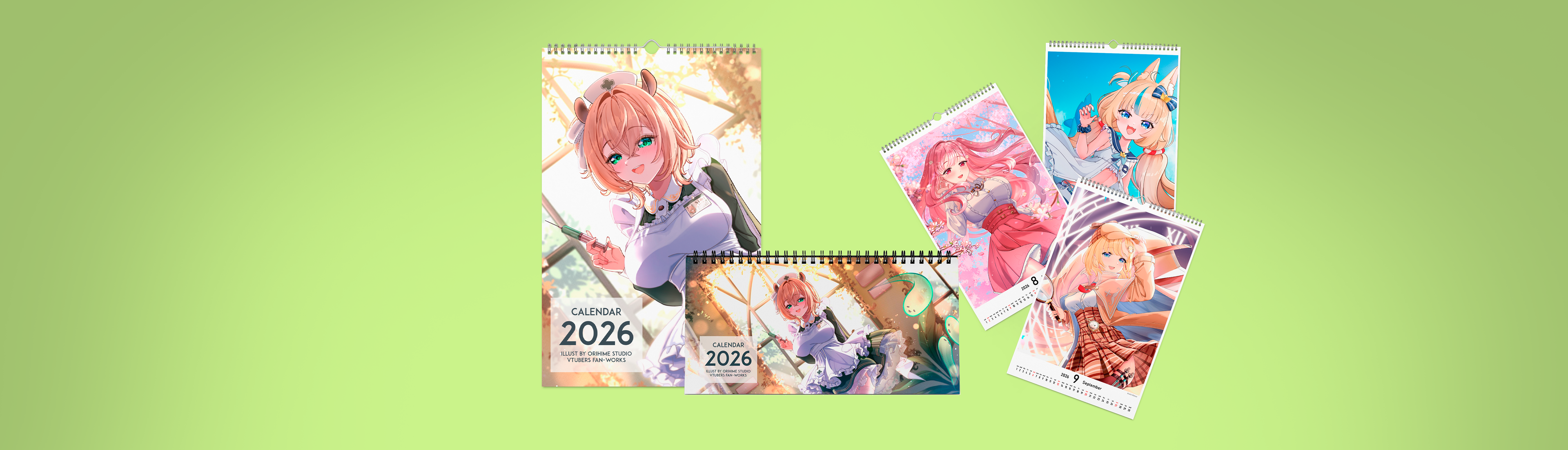 vtubers calendar 2026, calendar illustration vtubers merch, nimi nightmare merch, sameko saba merch, mori calliope merch, products of vtubers