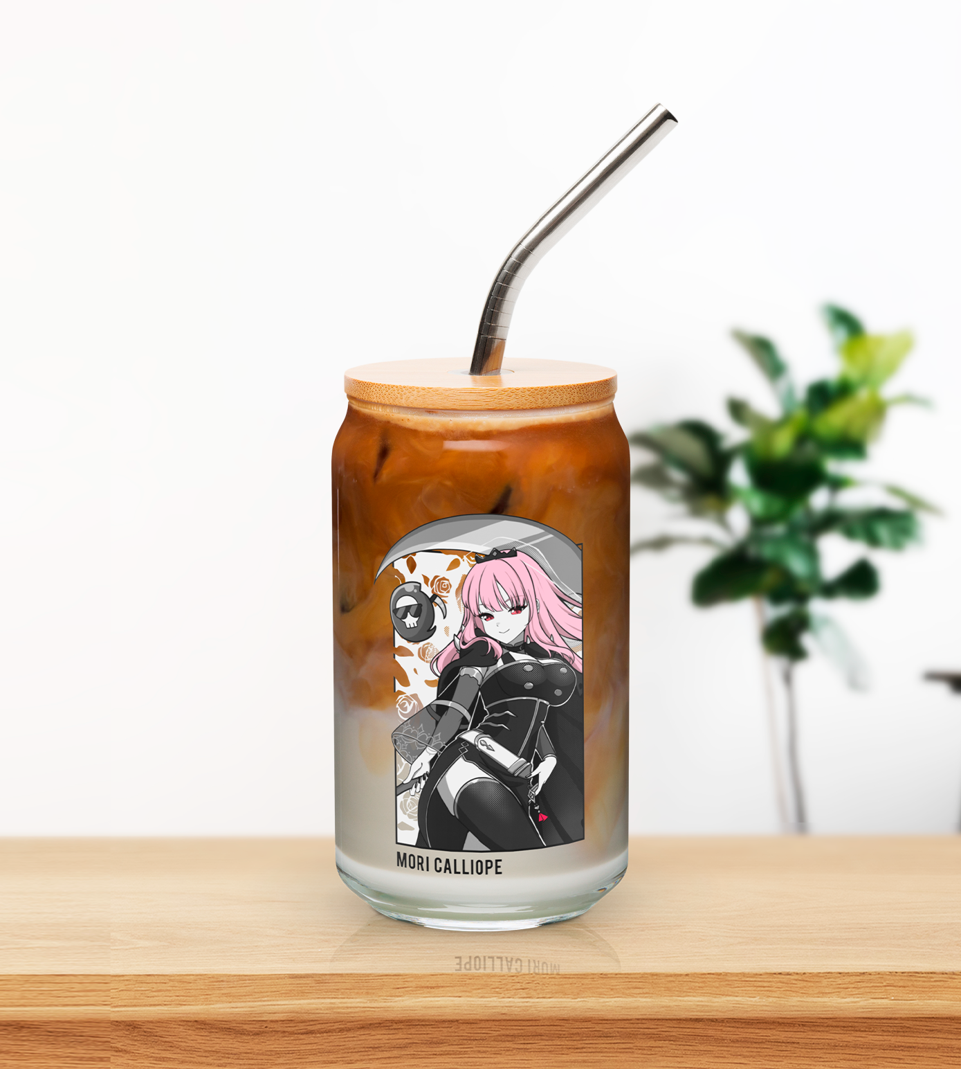 Mori Calliope Maid Glass Tumbler With Straw And Lid Vtuber Waifu Cup Beer Can Iced Coffee Glass Mori Calliope Cup Hololive Glass Waifu Cup