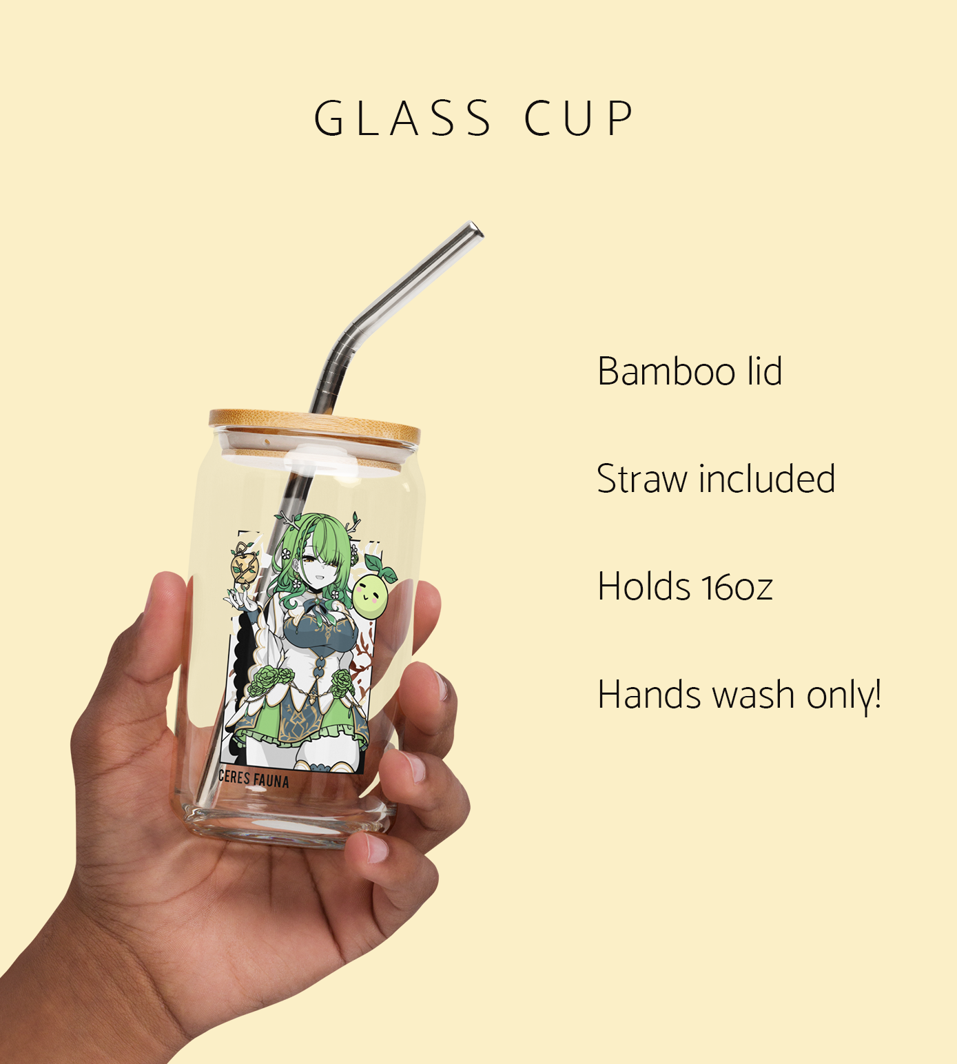 Ceres Fauna Glass Tumbler With Straw And Lid Vtuber Waifu Cup Beer Can Iced Coffee Glass Ceres Fauna Cup Hololive Glass Waifu Cup