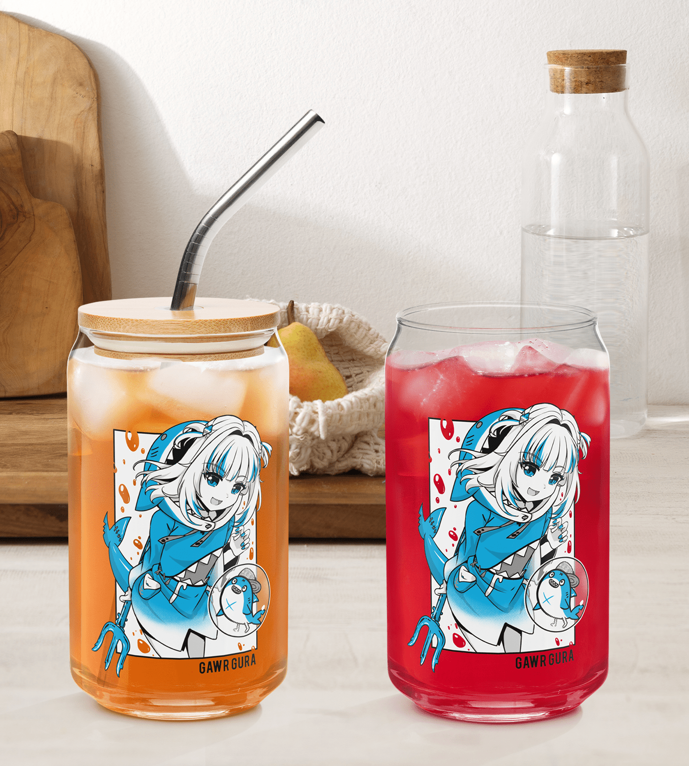 Gawr Gura Glass Tumbler With Straw And Lid Vtuber Waifu Cup Beer Can Iced Coffee Glass Gawr Gura Cup Hololive Glass Waifu Cup