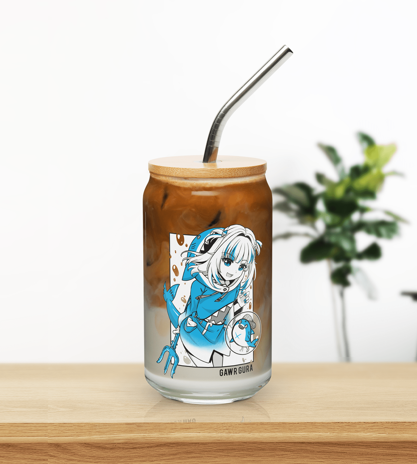 Gawr Gura Glass Tumbler With Straw And Lid Vtuber Waifu Cup Beer Can Iced Coffee Glass Gawr Gura Cup Hololive Glass Waifu Cup