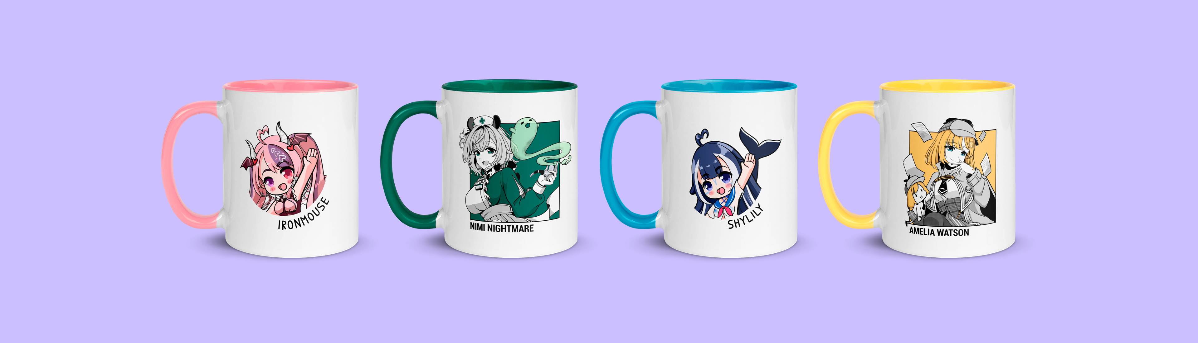 vtuber mugs, vtubers merch, nimi nightmare, amelia watson, shylily, ironmouse coffee mug, colorful mugs, vtuber cup