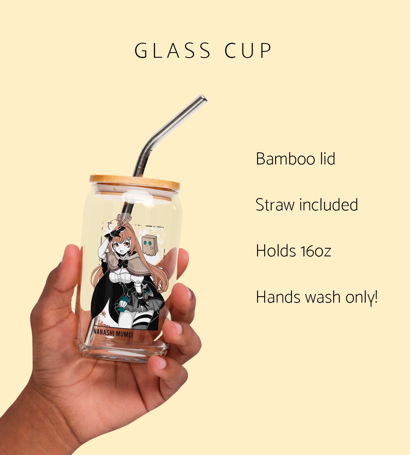 Nanashi Mumei Glass Tumbler With Straw And Lid Vtuber Waifu Cup Beer Can Iced Coffee Glass Nanashi Mumei Cup Hololive Glass Waifu Cup