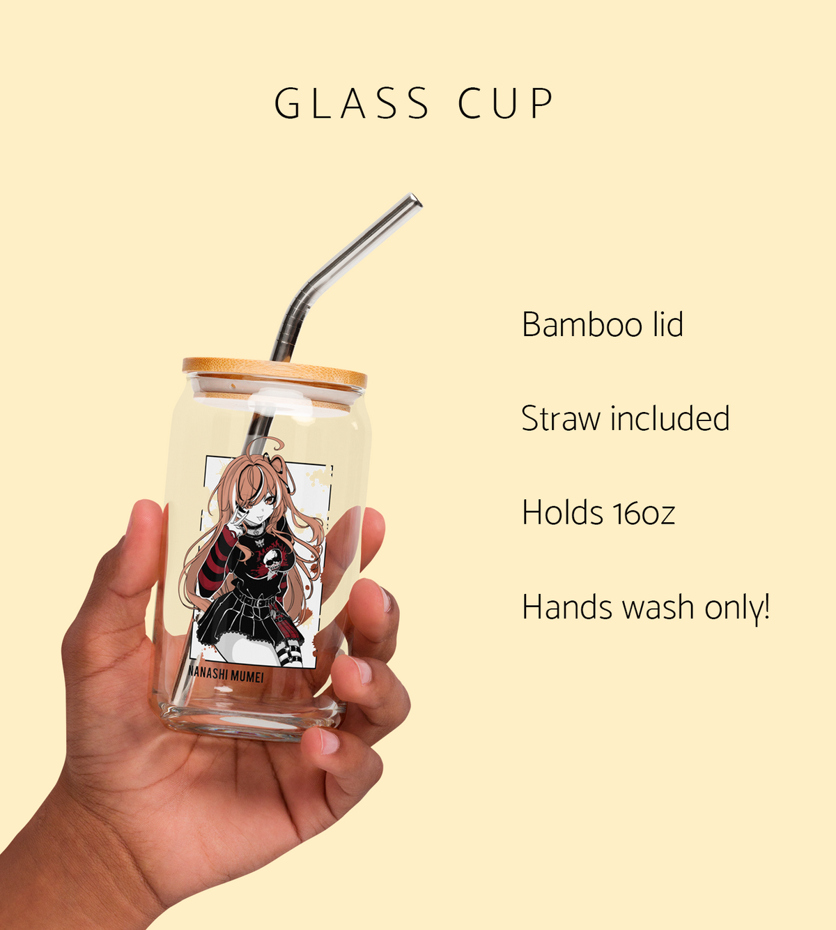 Nanashi Mumei Glass Tumbler With Straw And Lid Vtuber Waifu Cup Beer Can Iced Coffee Glass Nanashi Mumei Cup Hololive Glass Waifu Cup