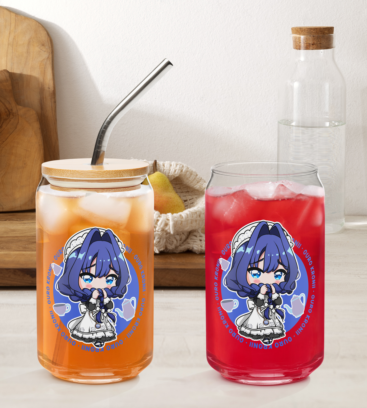 Ouro Kronii Maid Glass Tumbler With Straw And Lid Vtuber Waifu Cup Beer Can Iced Coffee Glass Ouro Kronii Maid Cup Hololive Glass Waifu Cup
