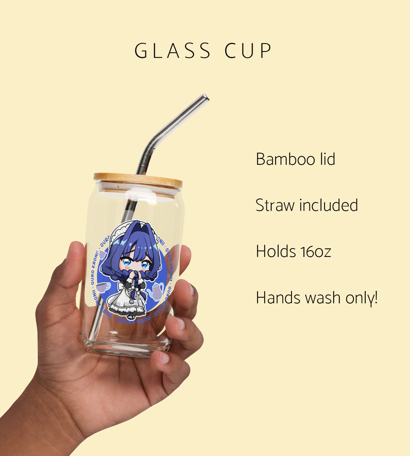 Ouro Kronii Maid Glass Tumbler With Straw And Lid Vtuber Waifu Cup Beer Can Iced Coffee Glass Ouro Kronii Maid Cup Hololive Glass Waifu Cup