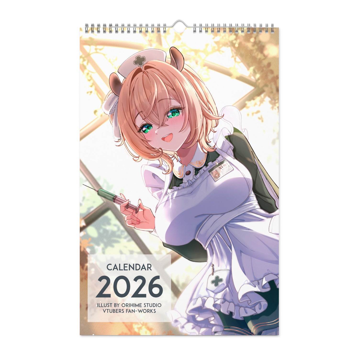 High-quality waifu VTuber wall and desktop calendars featuring 12 vibrant poster-style art prints inspired by Hololive, Sameko Saba, Nimi Nightmare, and Mint Fantome; perfect anime merch for VTuber fans and collectors illustrated by Orihime Studio