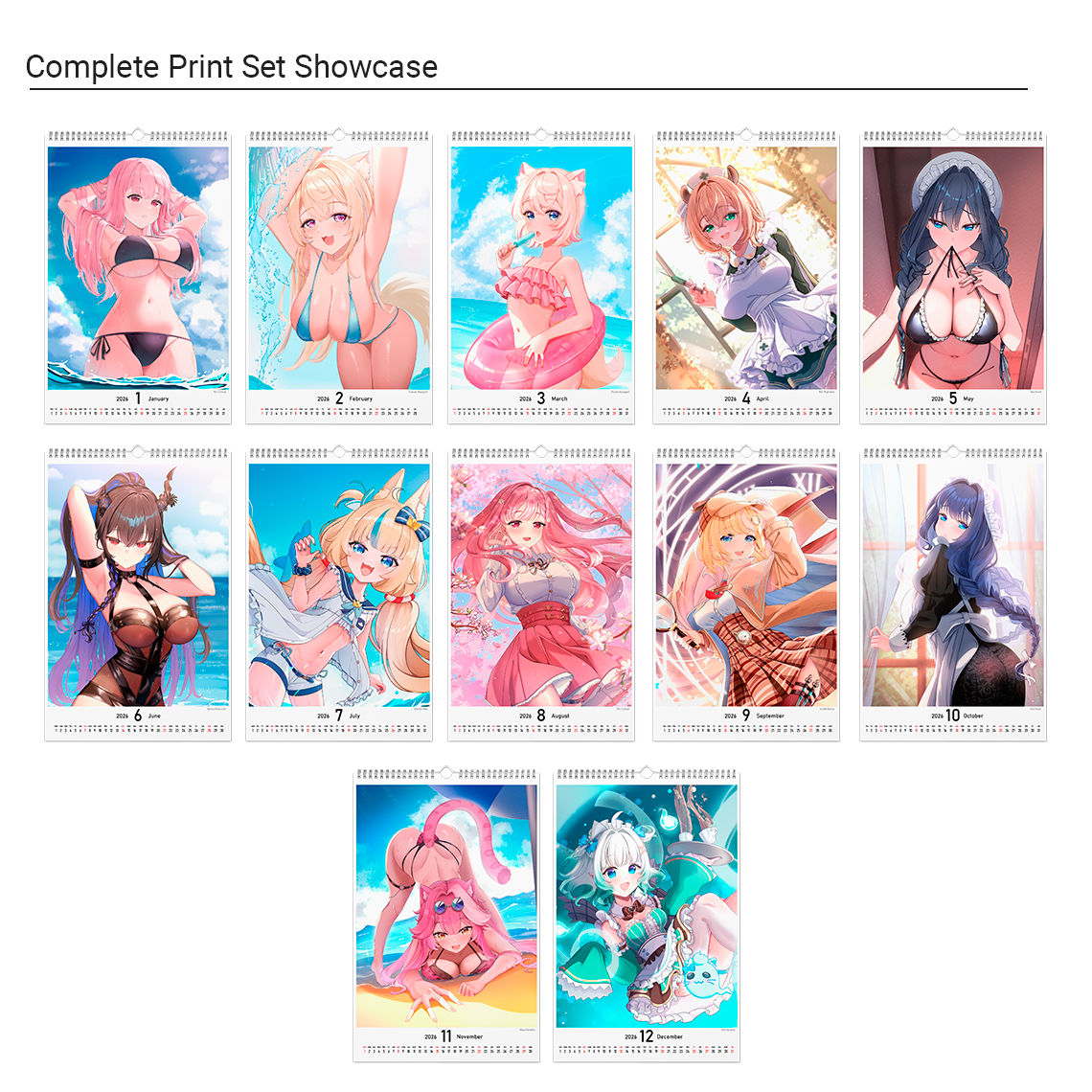 High-quality waifu VTuber wall and desktop calendars featuring 12 vibrant poster-style art prints inspired by Hololive, Sameko Saba, Nimi Nightmare, and Mint Fantome; perfect anime merch for VTuber fans and collectors illustrated by Orihime Studio